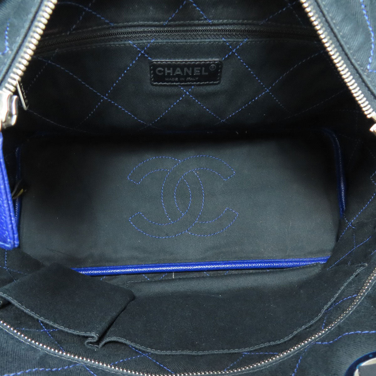 Chanel Tote Bag Caviar Skin Blue Wild Stitch Silver Metal Women Used Authentic