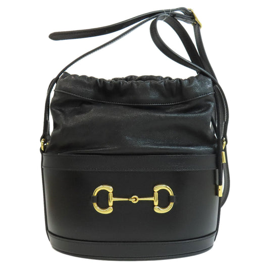 Gucci Shoulder Bag 602118 Leather Black Horsebit Bucket Bag Long Shoulder Women Used Authentic