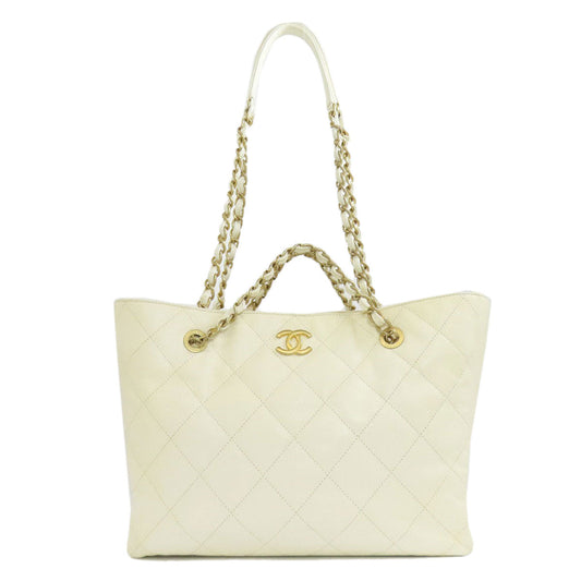 Chanel Tote Bag Caviar Skin White Chain Tote Gold Metal 2 Way Women Used Authentic