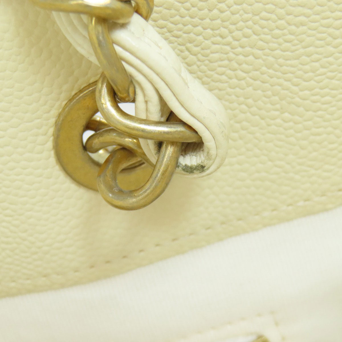 Chanel Tote Bag Caviar Skin White Chain Tote Gold Metal 2 Way Women Used Authentic