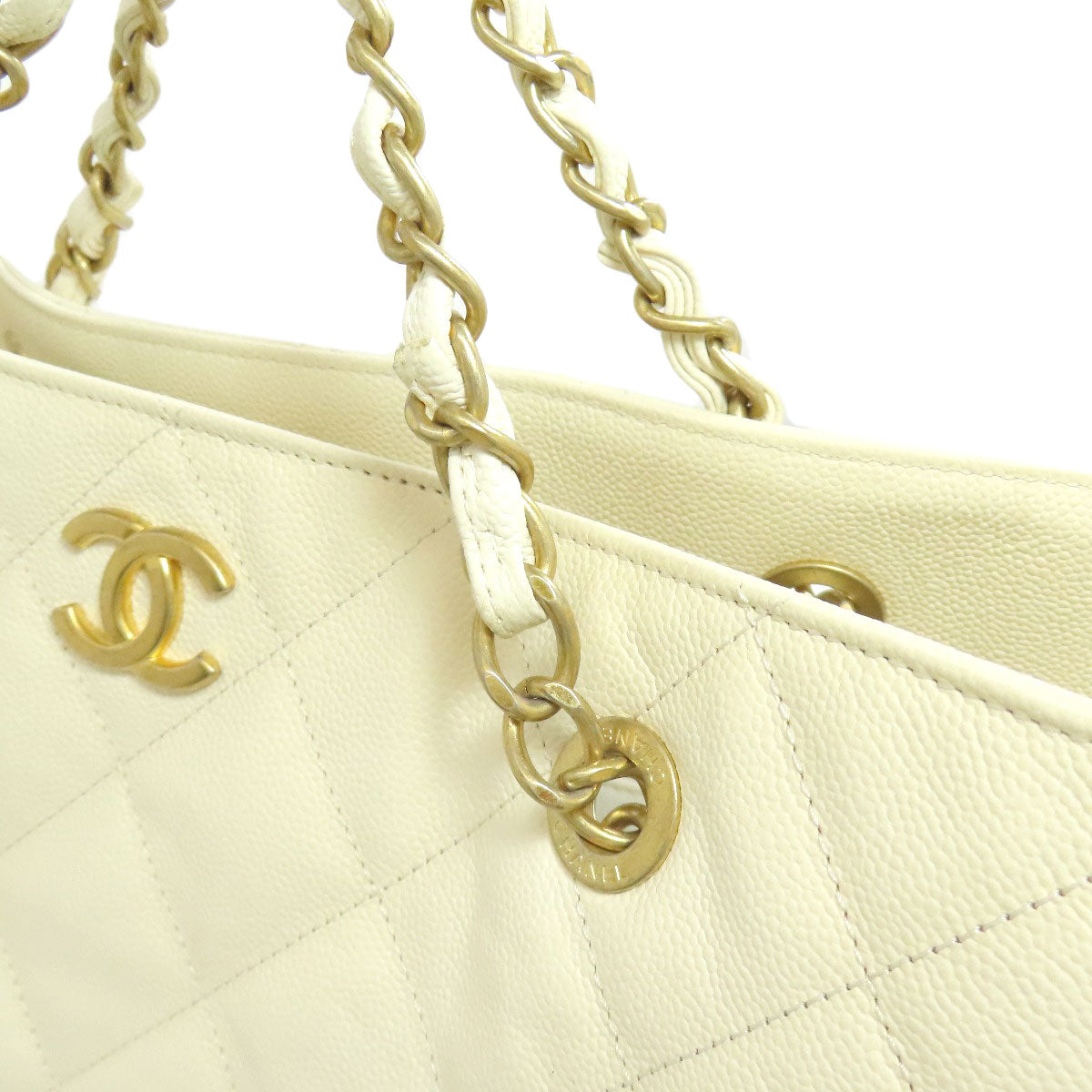 Chanel Tote Bag Caviar Skin White Chain Tote Gold Metal 2 Way Women Used Authentic