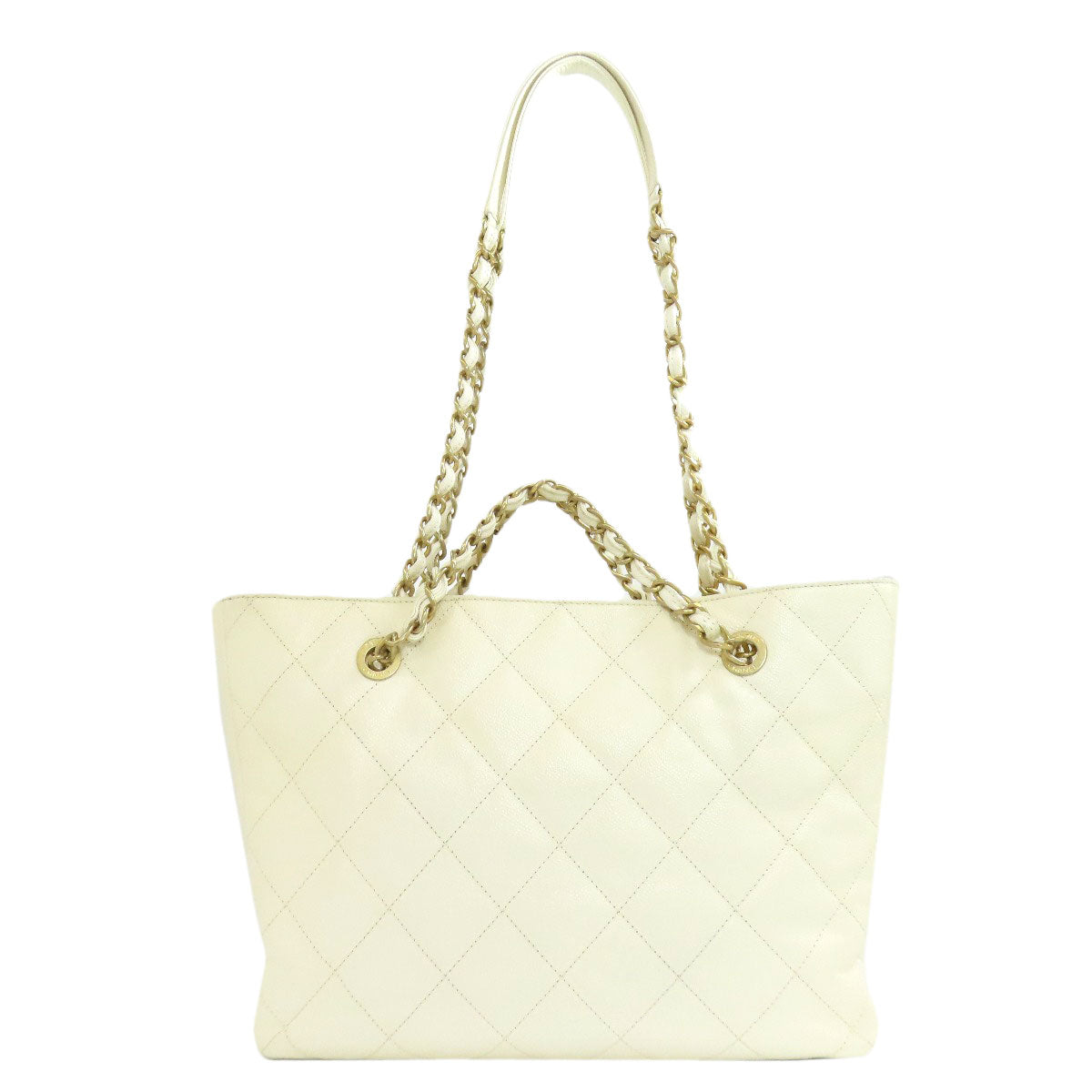 Chanel Tote Bag Caviar Skin White Chain Tote Gold Metal 2 Way Women Used Authentic