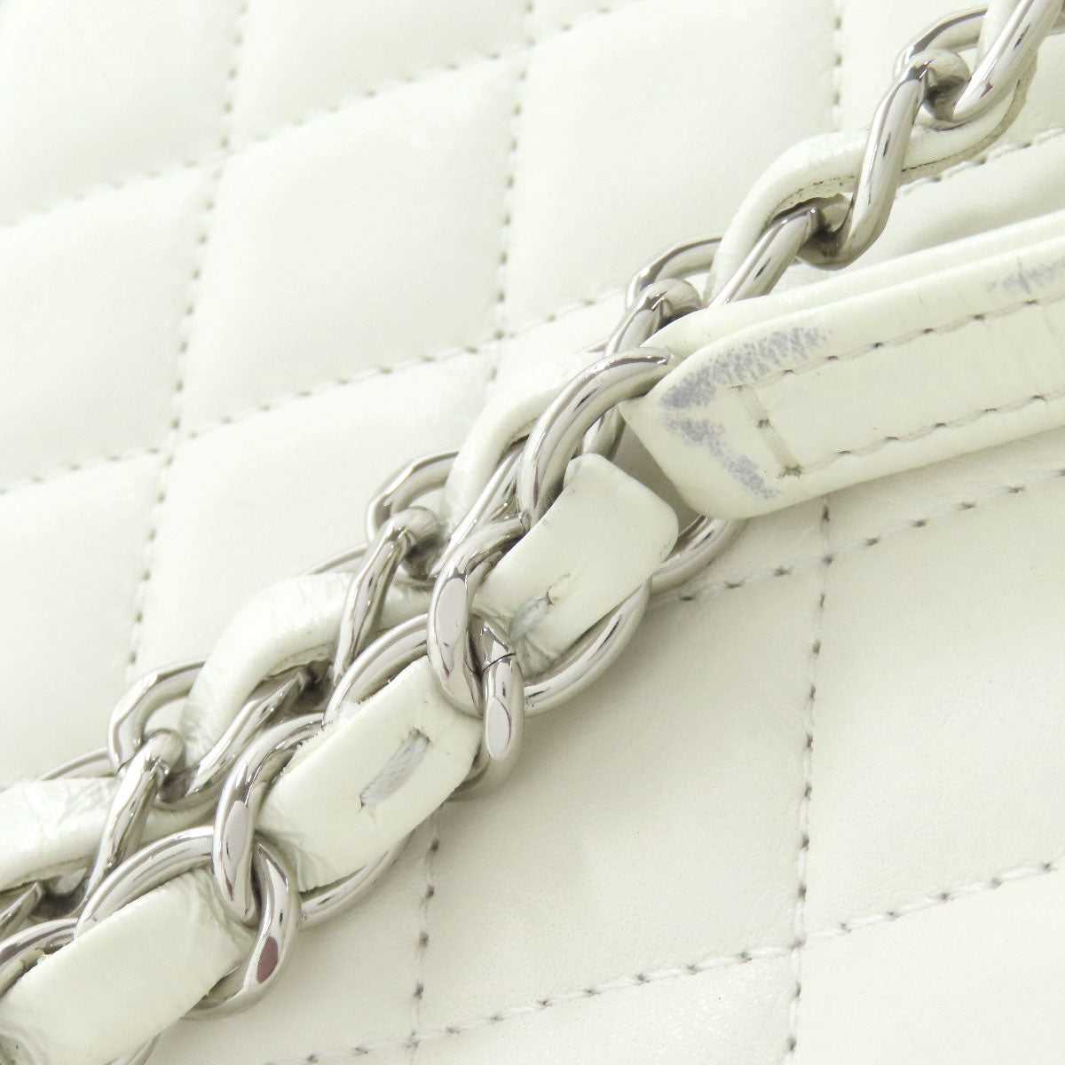 Chanel Tote Bag Lambskin White Chain Tote Coco Mark Silver Metal Women Used Authentic