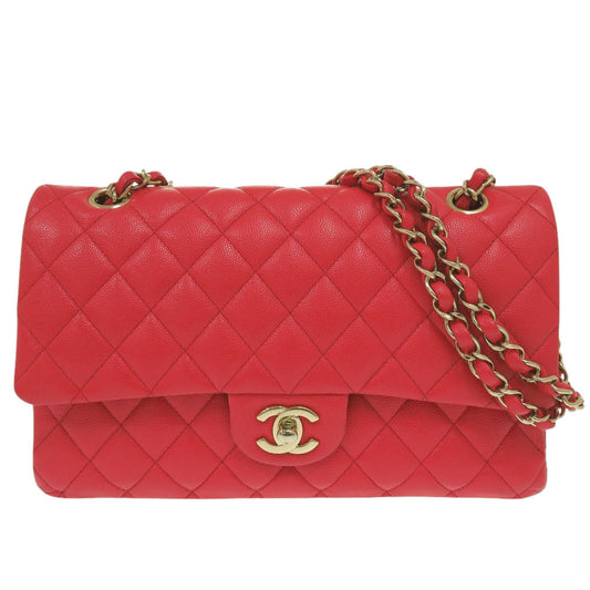 Chanel Shoulder Bag Caviar Skin Red Chain Shoulder Bag Matelasse 25 Double Flap Women Used Authentic