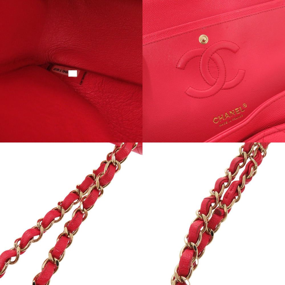 Chanel Shoulder Bag Caviar Skin Red Chain Shoulder Bag Matelasse 25 Double Flap Women Used Authentic