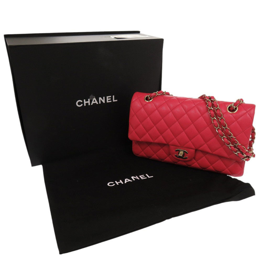 Chanel Shoulder Bag Caviar Skin Red Chain Shoulder Bag Matelasse 25 Double Flap Women Used Authentic