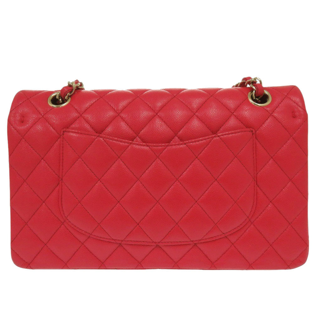 Chanel Shoulder Bag Caviar Skin Red Chain Shoulder Bag Matelasse 25 Double Flap Women Used Authentic