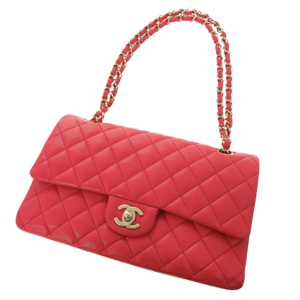 Chanel Shoulder Bag Caviar Skin Red Chain Shoulder Bag Matelasse 25 Double Flap Women Used Authentic