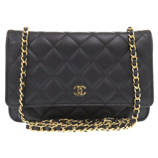 Chanel Shoulder Bag Ap0250 Caviar Skin Black Chain Wallet Matrasse Coco Mark Women Used Authentic