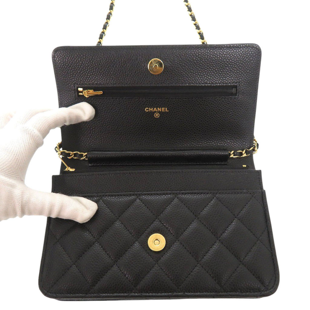 Chanel Shoulder Bag Ap0250 Caviar Skin Black Chain Wallet Matrasse Coco Mark Women Used Authentic