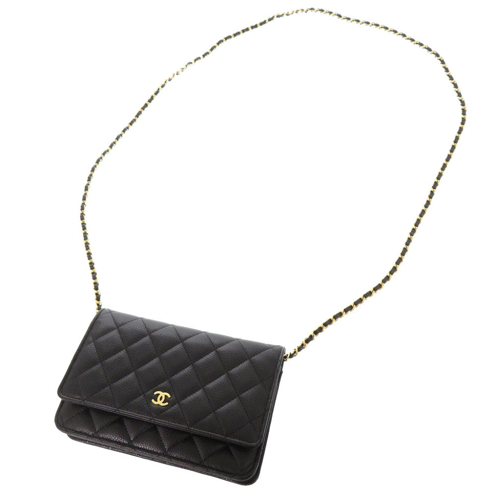 Chanel Shoulder Bag Ap0250 Caviar Skin Black Chain Wallet Matrasse Coco Mark Women Used Authentic