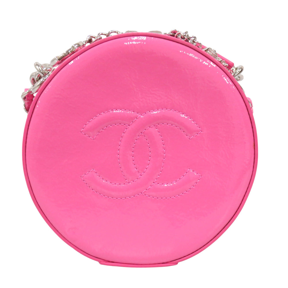 Chanel Shoulder Bag Enamel Pink Coco Mark Round Chain Shoulder Bag Women Used Authentic