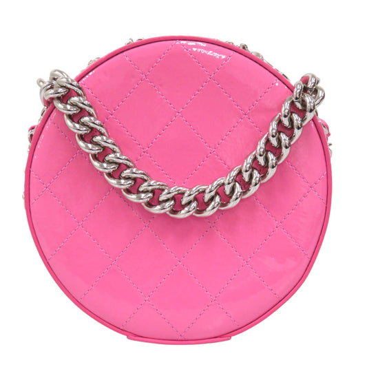 Chanel Shoulder Bag Enamel Pink Coco Mark Round Chain Shoulder Bag Women Used Authentic