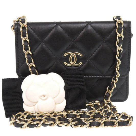 Chanel Shoulder Bag Lambskin Black Chain Wallet Matelasse Camellia Coco Mark Ribbon Women Used Authentic