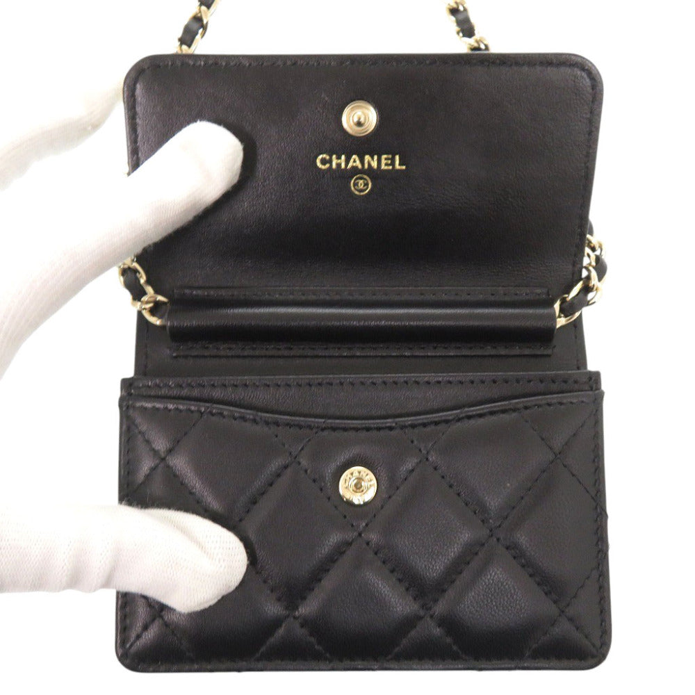 Chanel Shoulder Bag Lambskin Black Chain Wallet Matelasse Camellia Coco Mark Ribbon Women Used Authentic