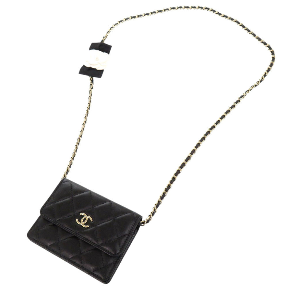 Chanel Shoulder Bag Lambskin Black Chain Wallet Matelasse Camellia Coco Mark Ribbon Women Used Authentic