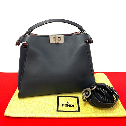 Fendi Shoulder Bag Leather Navy Peekaboo Essentials Women Used Authentic