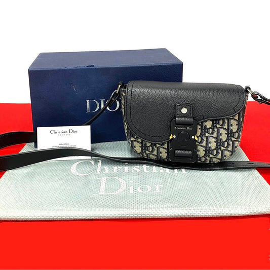 Dior Shoulder Bag Leather, Canvas Black Oblique Saddle Pouch Women Used Authentic