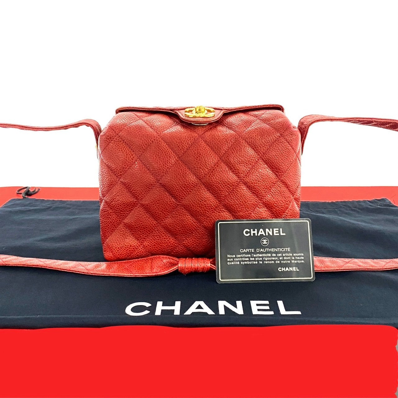 Chanel Shoulder Bag Matt Caviar Skin Red Coco Mark Matrasse Women Used Authentic