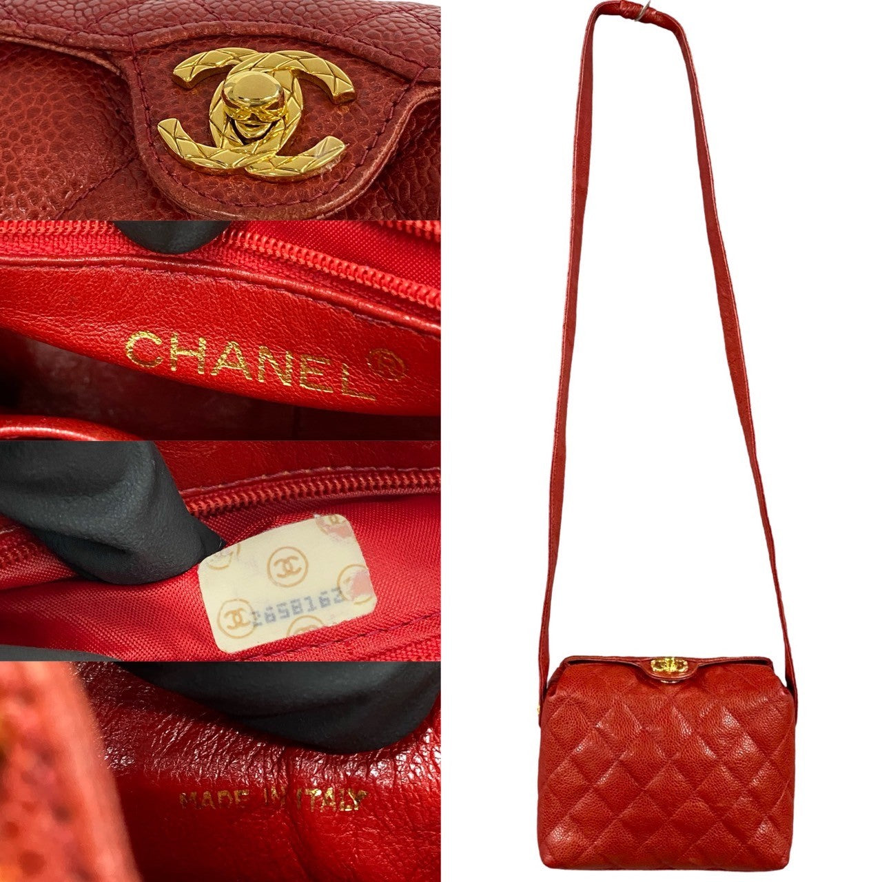 Chanel Shoulder Bag Matt Caviar Skin Red Coco Mark Matrasse Women Used Authentic