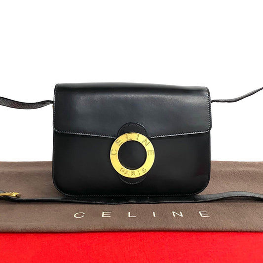 Celine Shoulder Bag Leather Black Circle Logo Metal Women Used Authentic