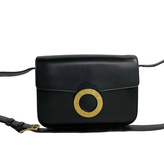 Celine Shoulder Bag Leather Black Circle Logo Metal Women Used Authentic