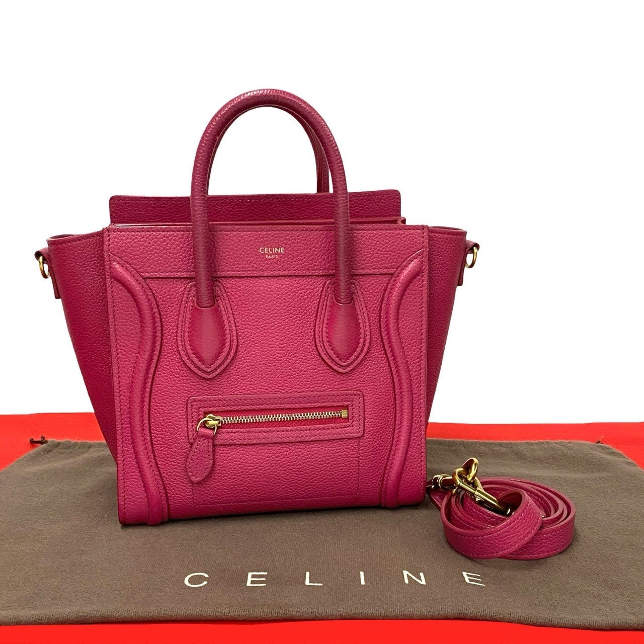 Celine Shoulder Bag Leather Pink Luggage Nano Shopper Women Used Authentic