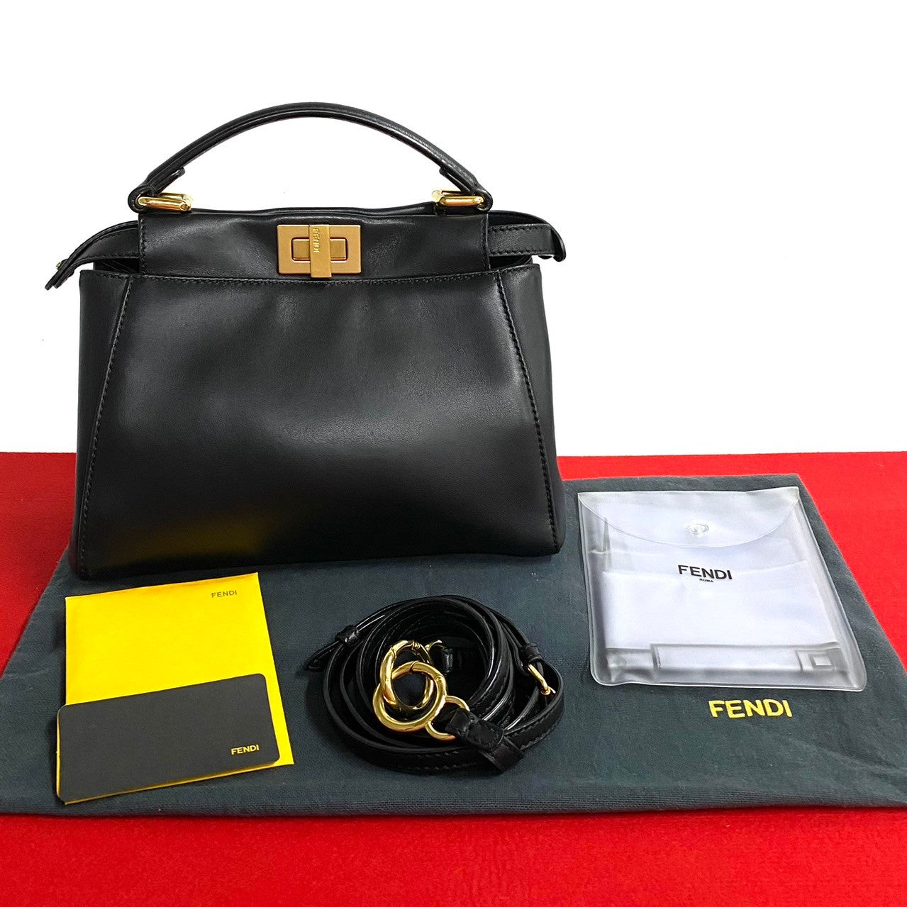 Fendi Shoulder Bag Leather Black Peek A Boo Mini Women Used Authentic