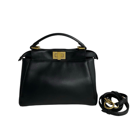 Fendi Shoulder Bag Leather Black Peek A Boo Mini Women Used Authentic