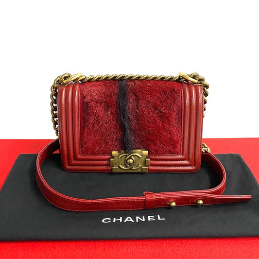 Chanel Shoulder Bag Lambskin, Fur Red Boy Chanel 20 Women Used Authentic