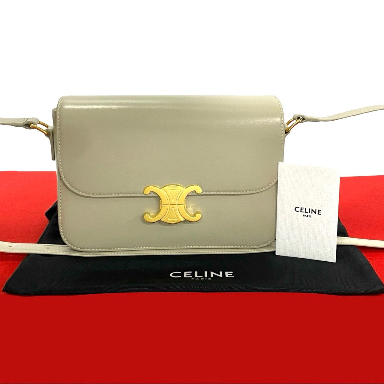 Celine Shoulder Bag Leather Beige Classic Triomphe Women Used Authentic