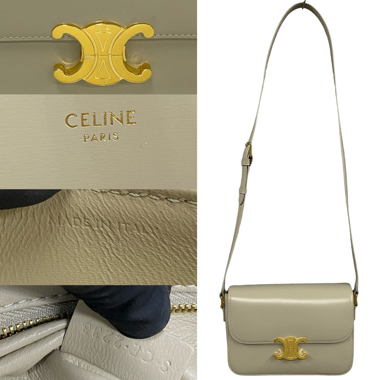 Celine Shoulder Bag Leather Beige Classic Triomphe Women Used Authentic