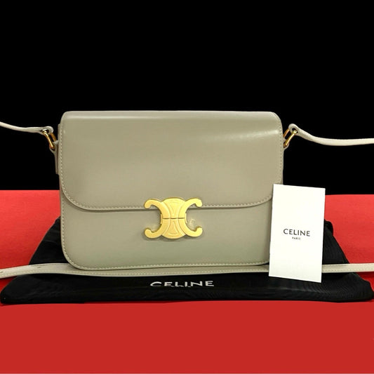 Celine Shoulder Bag Calfskin, Leather Beige Classic Triomphe Women Used Authentic