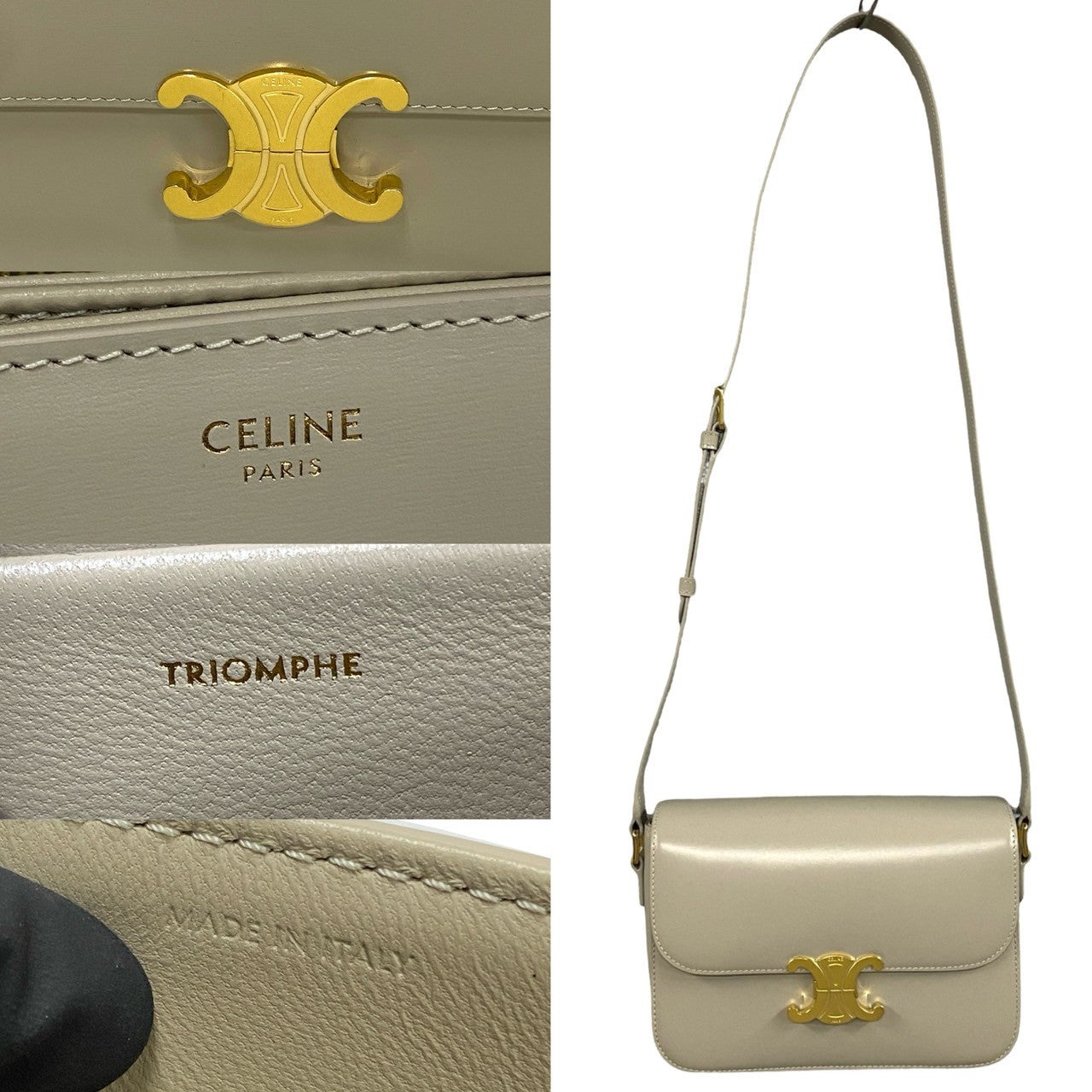 Celine Shoulder Bag Calfskin, Leather Beige Classic Triomphe Women Used Authentic