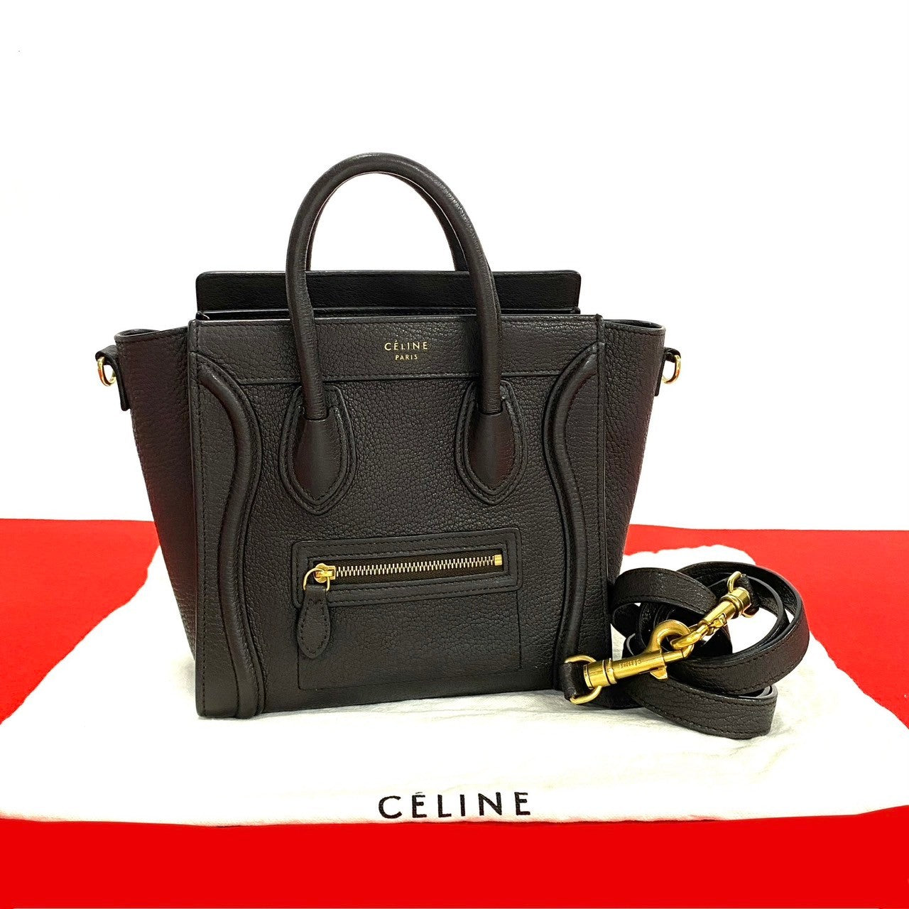 Celine Shoulder Bag Leather Brown Luggage Nano Shopper Women Used Authentic