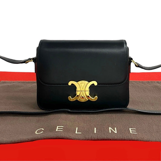 Celine Shoulder Bag Calfskin, Leather Black Teen Triomphe Women Used Authentic