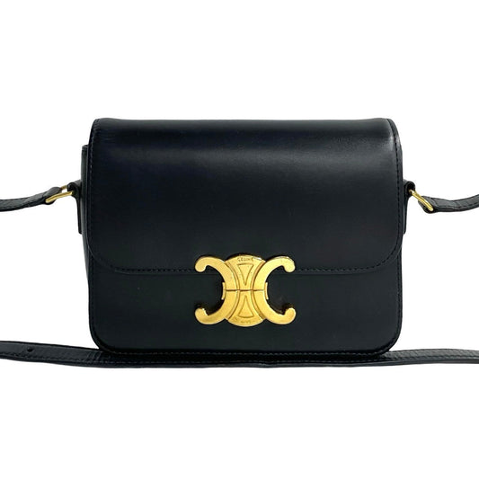 Celine Shoulder Bag Calfskin, Leather Black Teen Triomphe Women Used Authentic