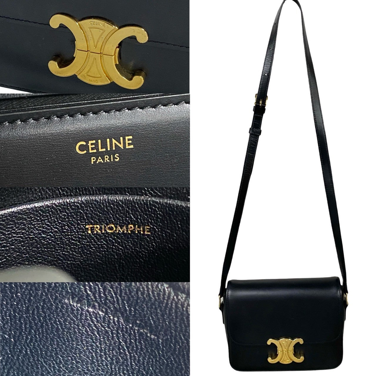 Celine Shoulder Bag Calfskin, Leather Black Teen Triomphe Women Used Authentic