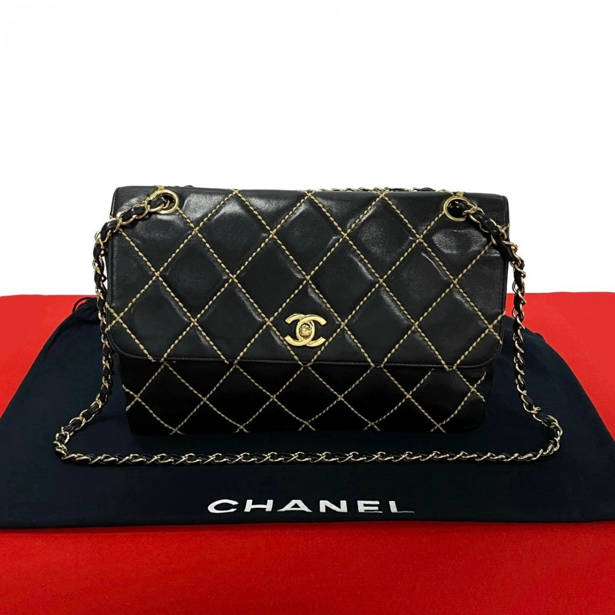 Chanel Shoulder Bag Leather Black Wild Stitch