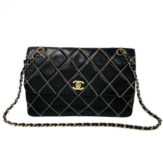 Chanel Shoulder Bag Leather Black Wild Stitch