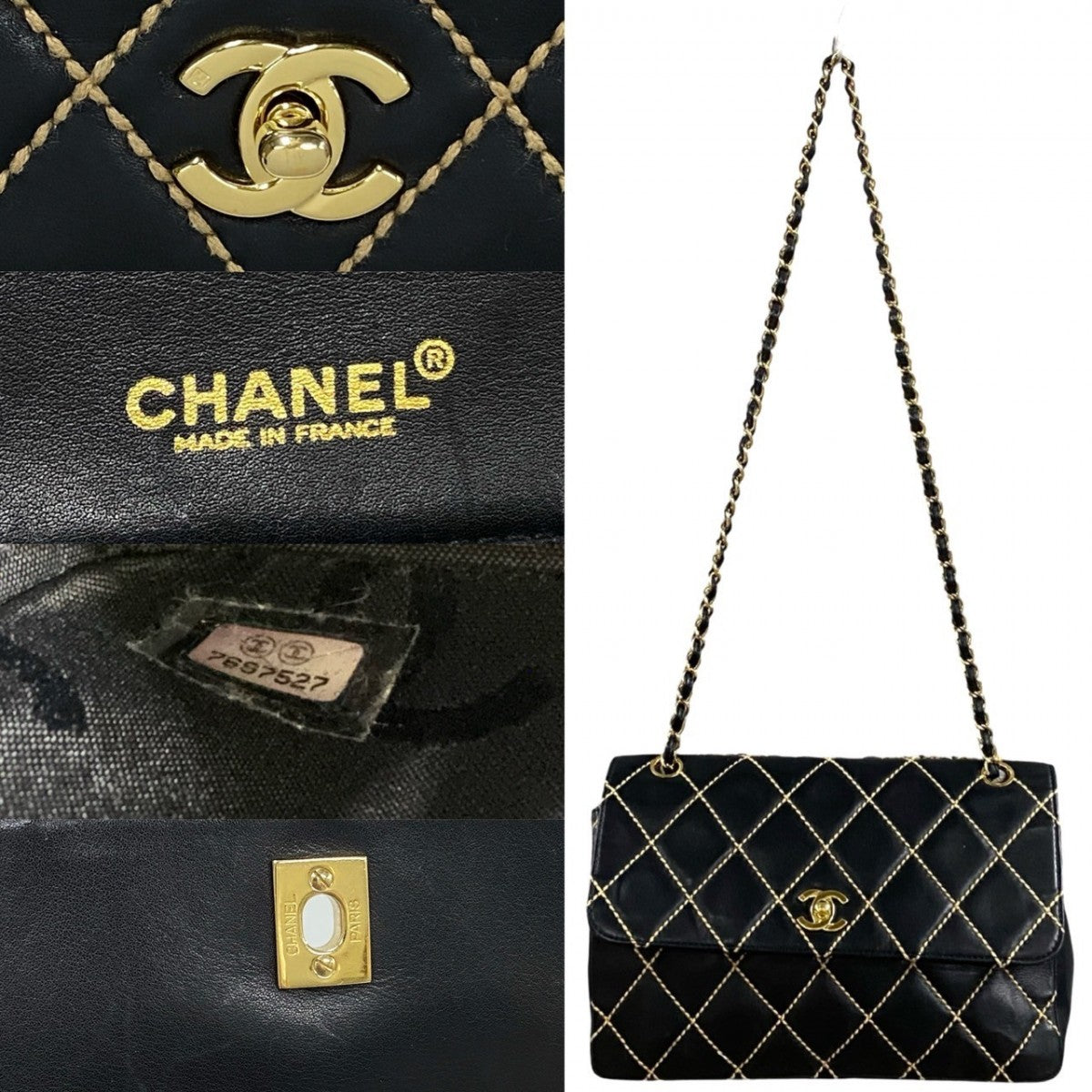 Chanel Shoulder Bag Leather Black Wild Stitch