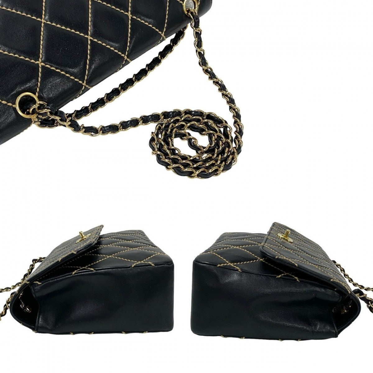 Chanel Shoulder Bag Leather Black Wild Stitch