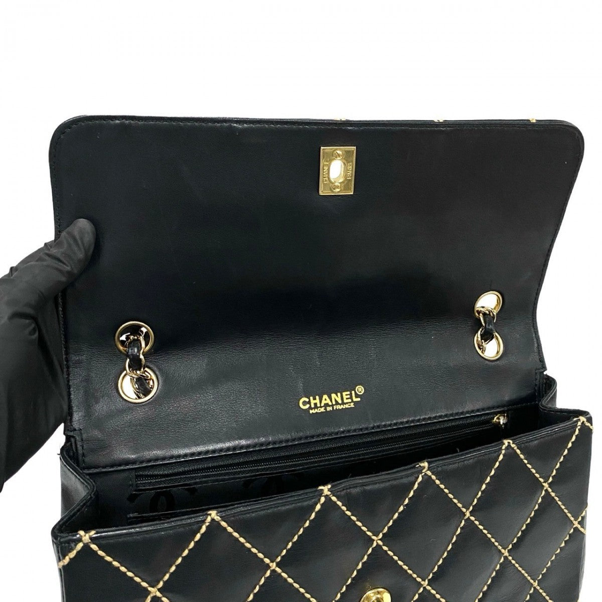 Chanel Shoulder Bag Leather Black Wild Stitch