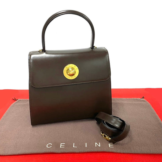 Celine Shoulder Bag Leather Brown Star Ball Metal Women Used Authentic