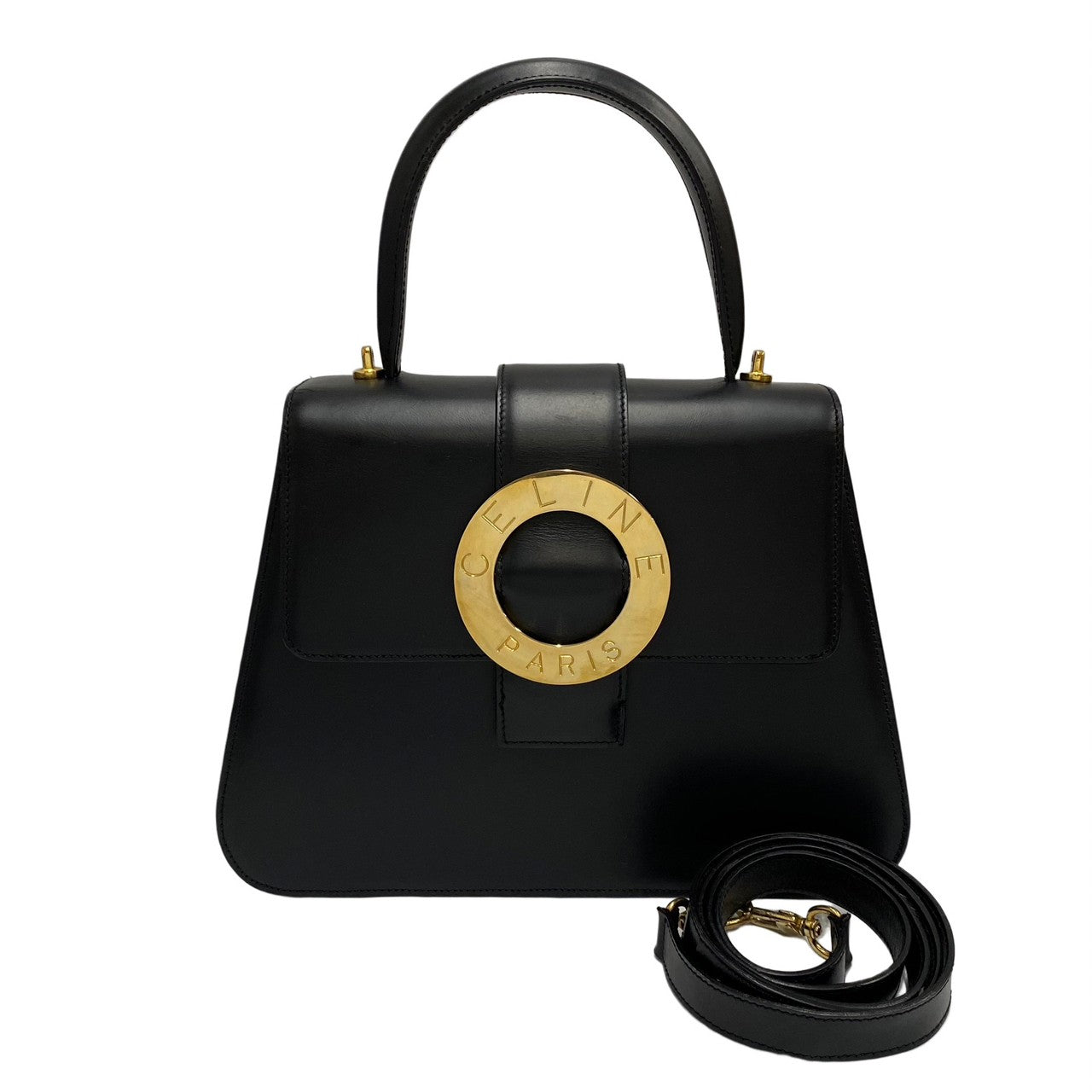 Celine Shoulder Bag Calfskin, Leather Black Circle Logo Metal 2way Women Used Authentic