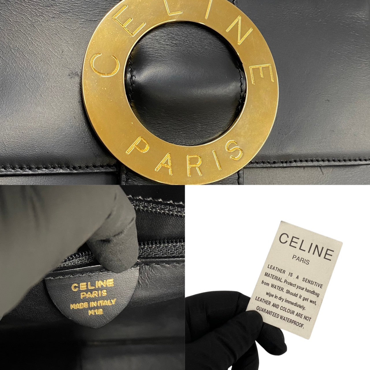 Celine Shoulder Bag Calfskin, Leather Black Circle Logo Metal 2way Women Used Authentic