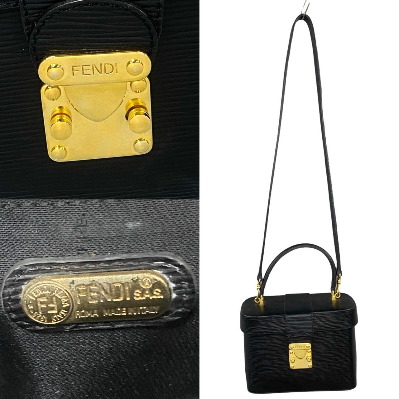 Fendi Shoulder Bag Epi Leather Black Vanity Bag Women Used Authentic