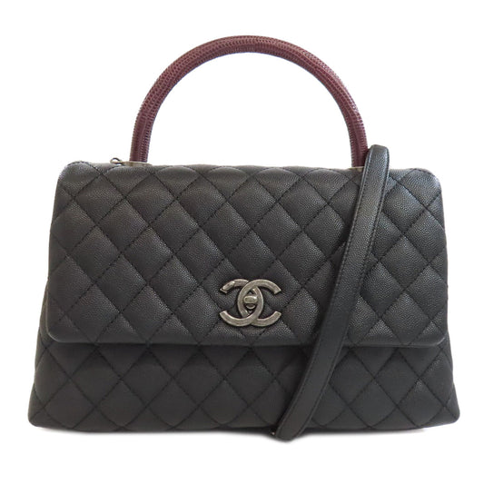 Chanel Handbag Grained Calfskin Skin Black Coco Handle Matelasse Silver Metal 2 Way Women Used Authentic