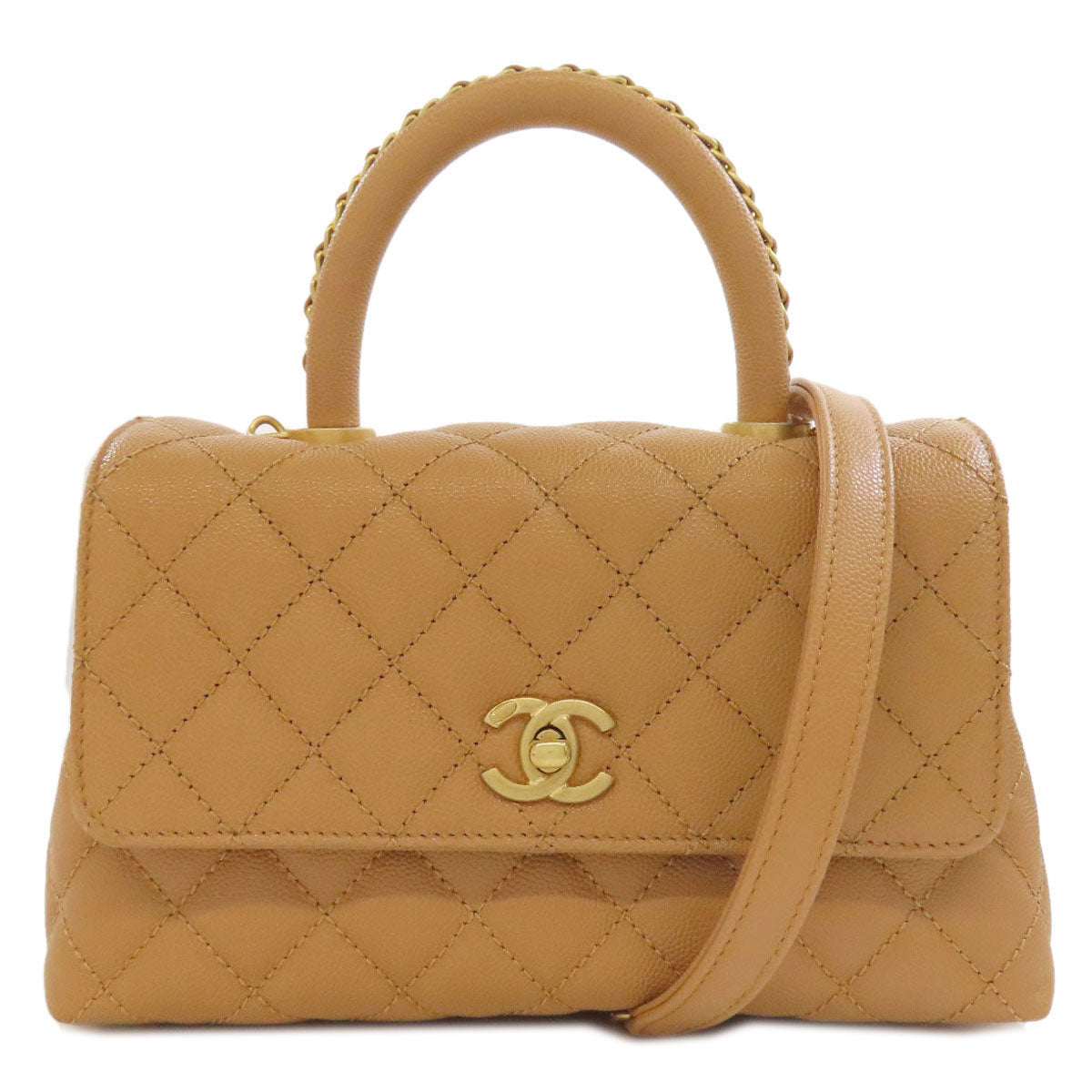 Chanel Handbag Grained Calfskin Skin Brown Coco Handle Matelasse Gold Metal 2 Way Women Used Authentic