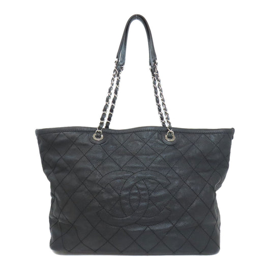 Chanel Tote Bag Grained Calfskin Skin Black Matelasse Silver Metal